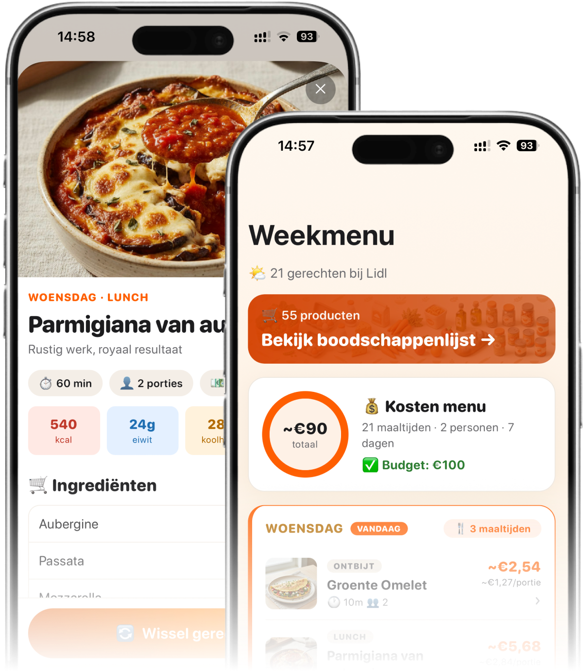 Mealy: weekmenu met prijzen per portie en een recept met foto